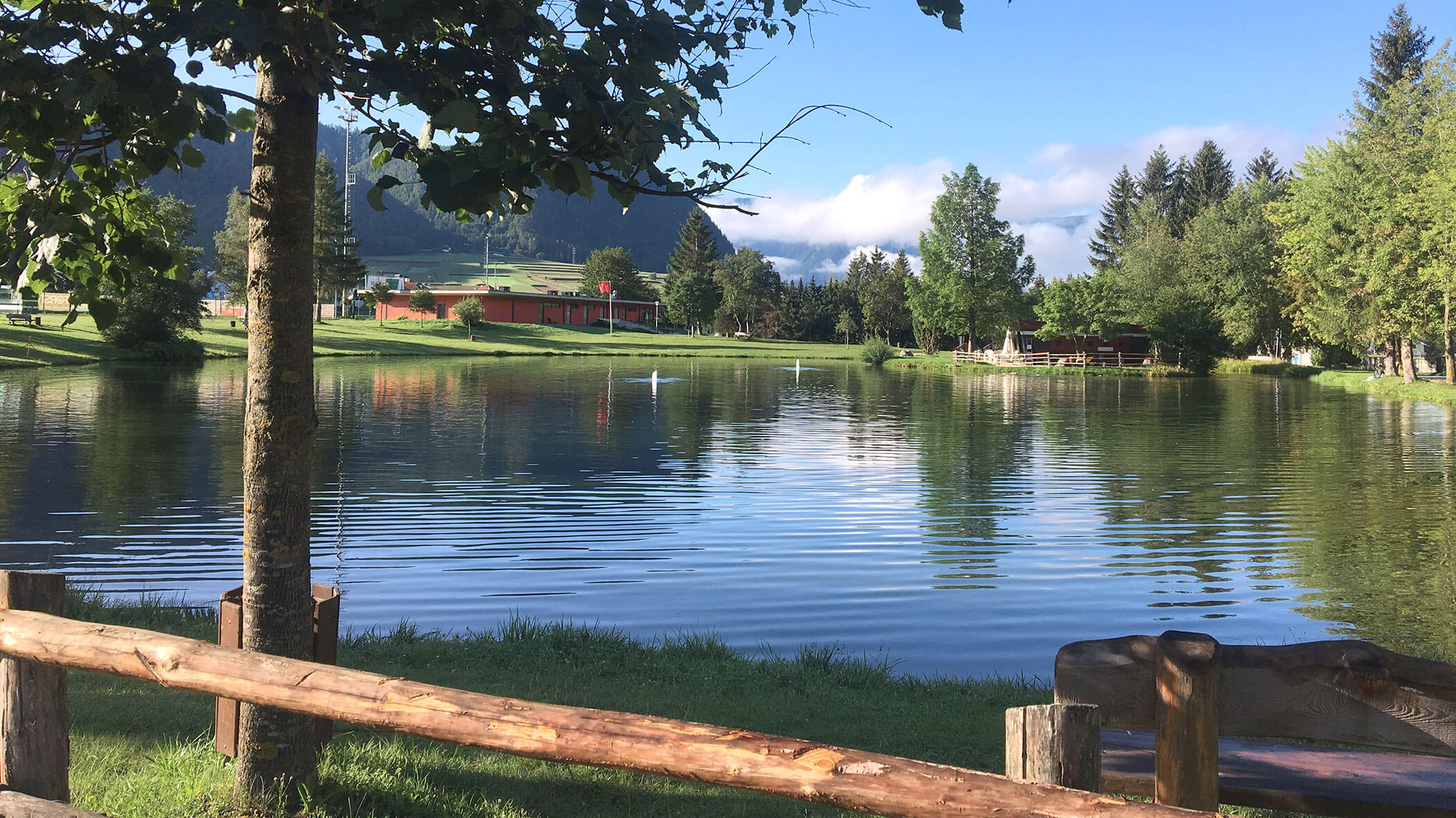 A serene lake with trees, a wooden fence, green grass, and buildings in the background under a blue sky. - Hotel Innerhofer