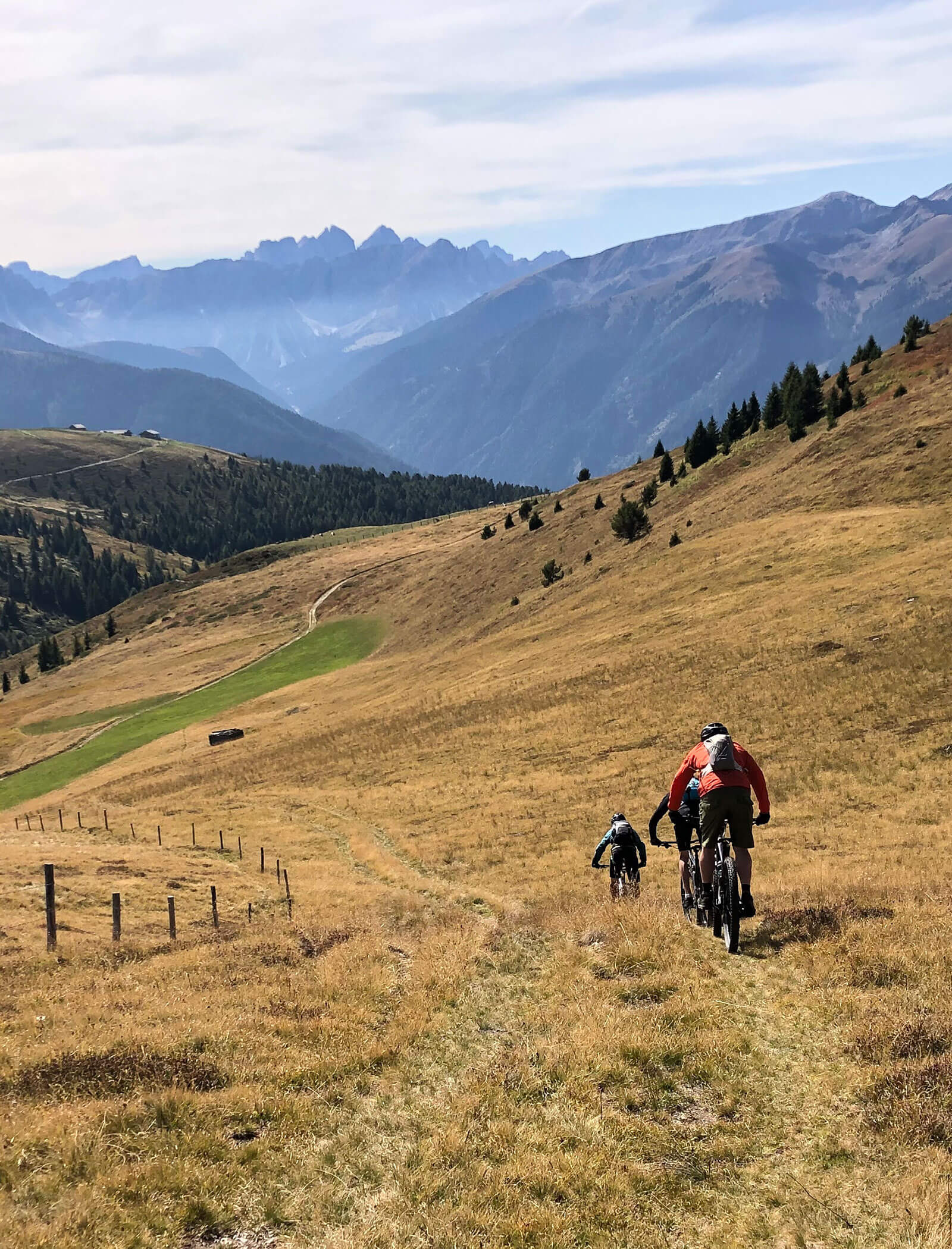 Tre persone salgono in mountain bike su una collina erbosa con montagne e un sentiero tortuoso sullo sfondo. - Hotel Innerhofer